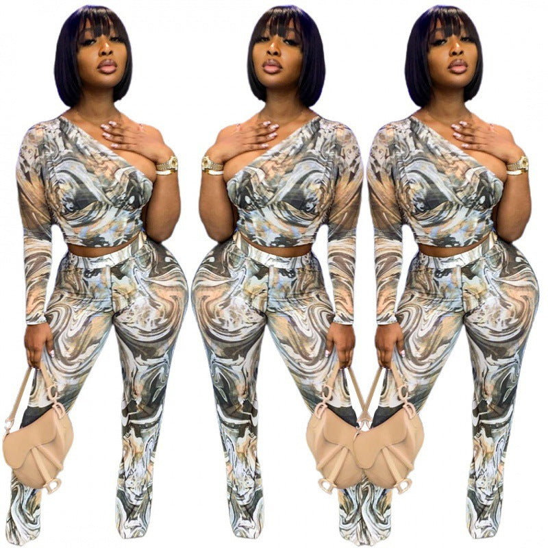 New Women's Retro Slim Pants Off Shoulder Long Sleeve High Waist 2 Piece Set